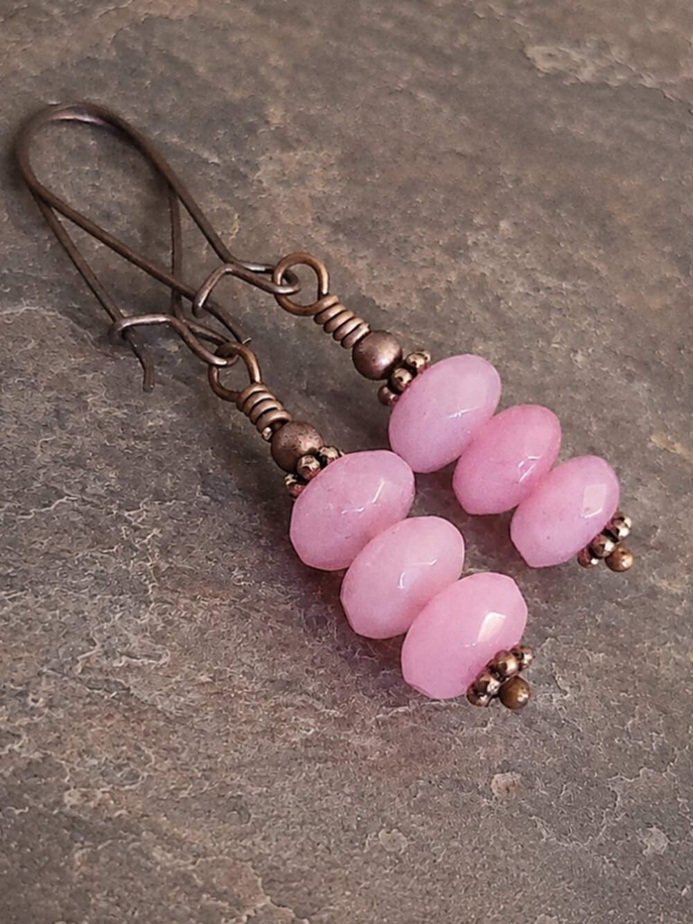 Rose Quartz Earrings Copper Dangles Pink Gemstone Boho Artisan Handmade - Picture 4 of 9